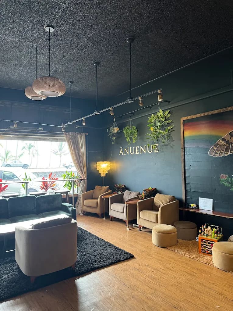 Wide view of the lounge with teal walls, gold lettering, potted plants, armchairs, and big daylit windows